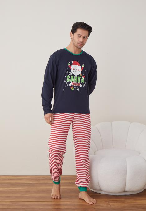 Pijama barbati Craciun " SANTA" maneca lunga ,pantaloni lungi,Culoare Bleumarin, Engros